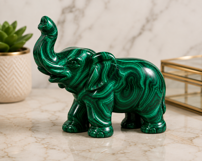 3 Inch Hand-Carved Malachite Elephant Figurine – Natural Green Stone