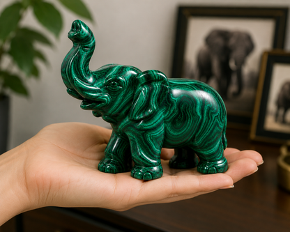 3 Inch Hand-Carved Malachite Elephant Figurine – Natural Green Stone