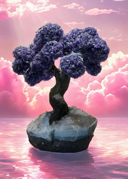 12.5 Inch Genuine Amethyst Tree (Clustered Gemstone Trees with faux bonsai tree trunk on Matrix)