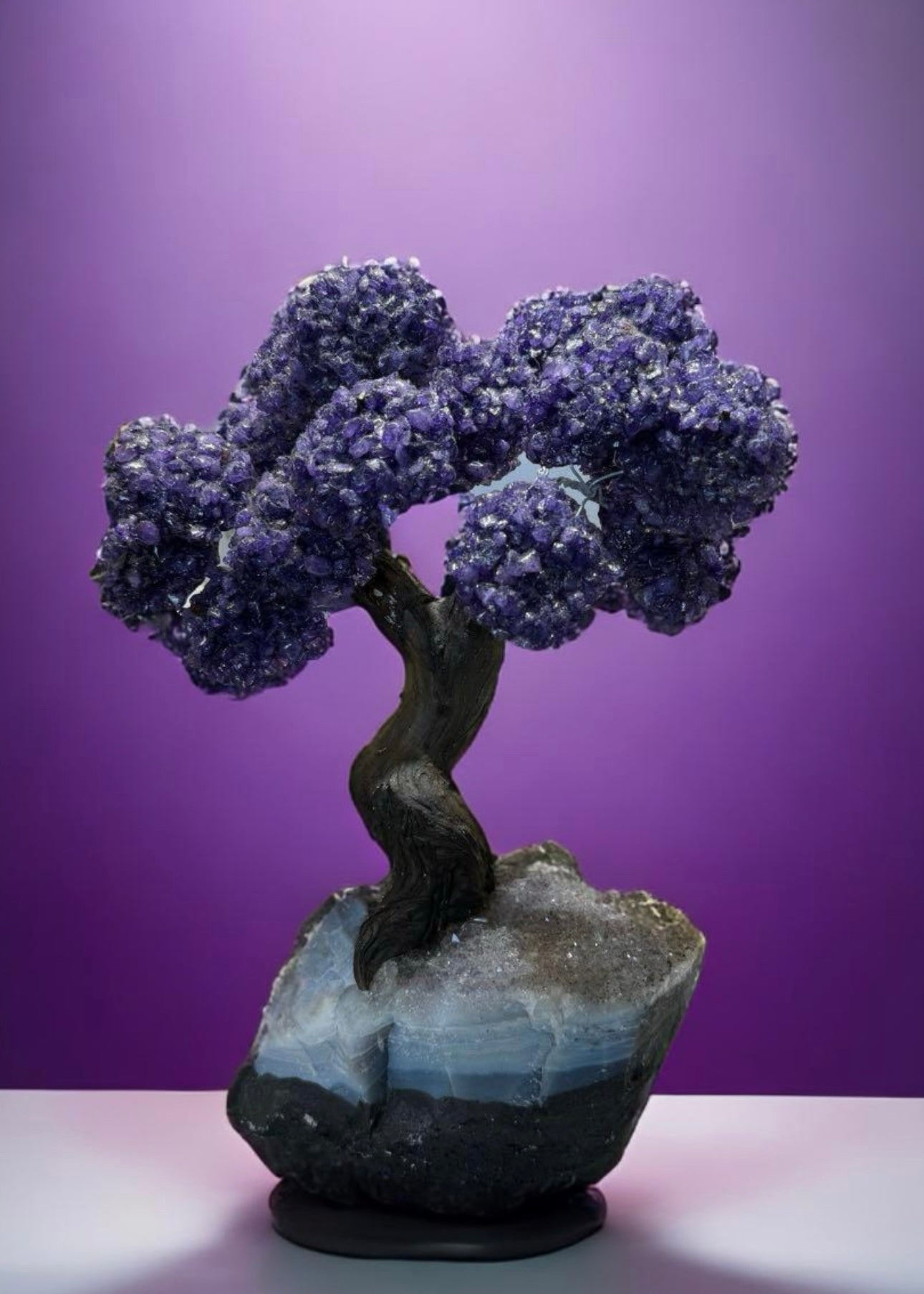 12.5 Inch Genuine Amethyst Tree (Clustered Gemstone Trees with faux bonsai tree trunk on Matrix)