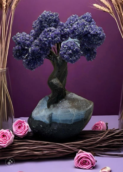 12.5 Inch Genuine Amethyst Tree (Clustered Gemstone Trees with faux bonsai tree trunk on Matrix)