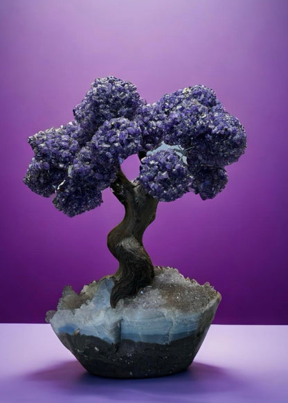 12.5 Inch Genuine Amethyst Tree (Clustered Gemstone Trees with faux bonsai tree trunk on Matrix)