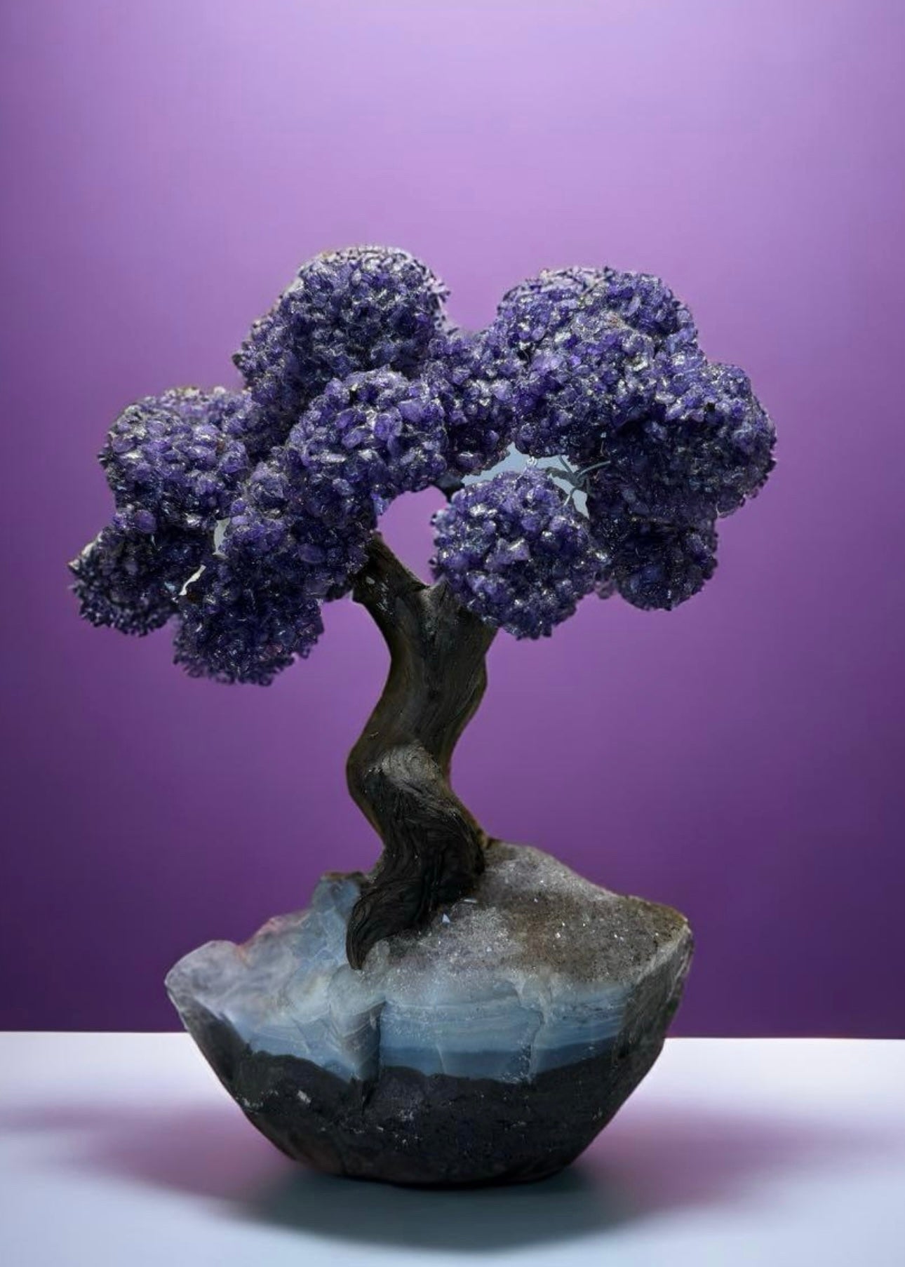 12.5 Inch Genuine Amethyst Tree (Clustered Gemstone Trees with faux bonsai tree trunk on Matrix)