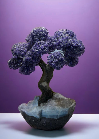 12.5 Inch Genuine Amethyst Tree (Clustered Gemstone Trees with faux bonsai tree trunk on Matrix)