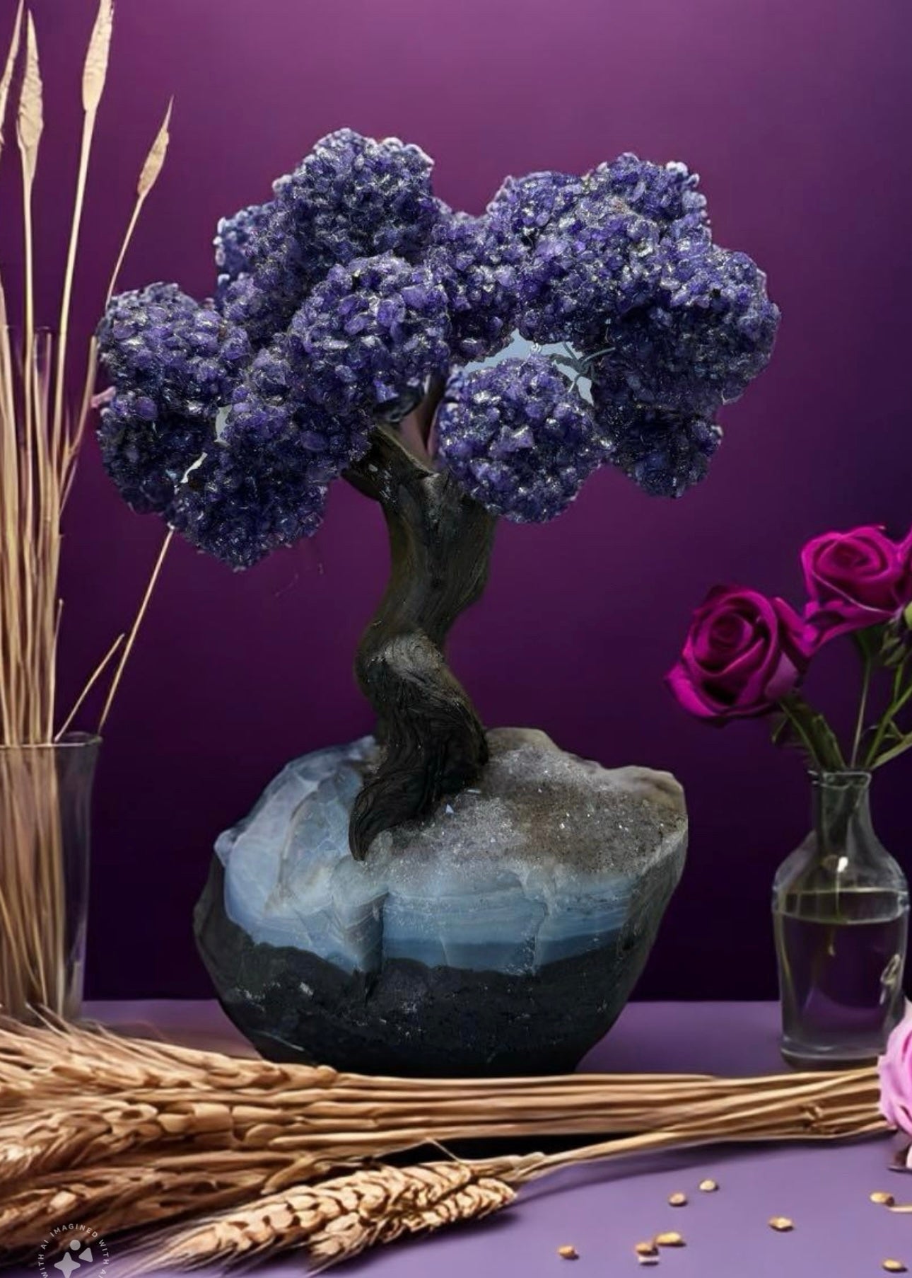 12.5 Inch Genuine Amethyst Tree (Clustered Gemstone Trees with faux bonsai tree trunk on Matrix)