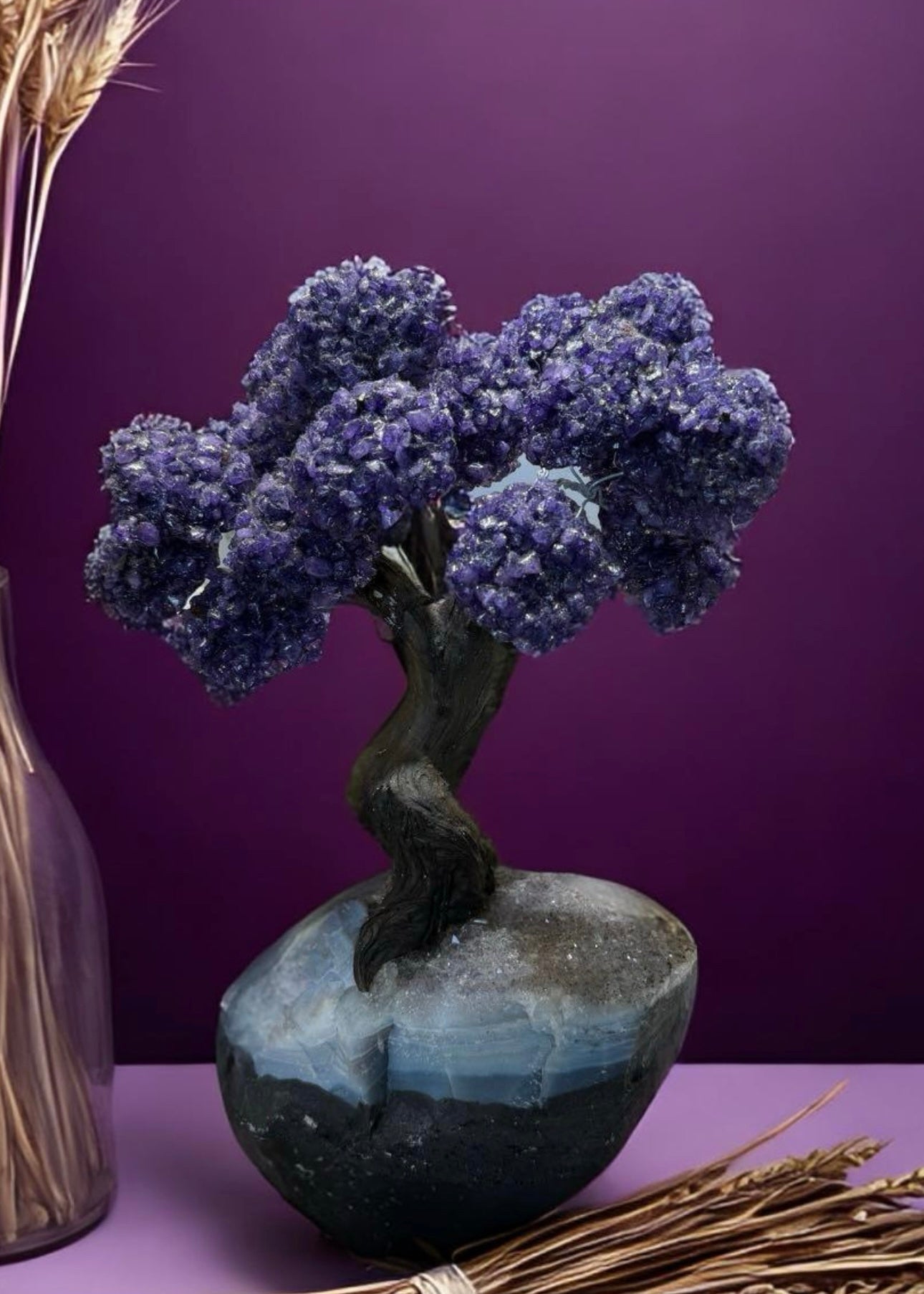 12.5 Inch Genuine Amethyst Tree (Clustered Gemstone Trees with faux bonsai tree trunk on Matrix)