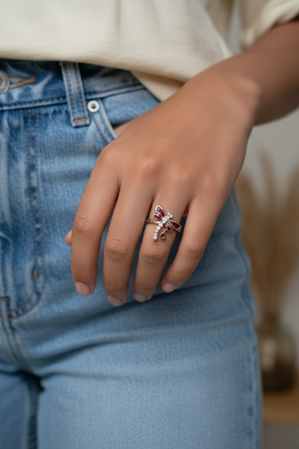 14 K Rose Gold Plated Dragonfly Ruby Ring