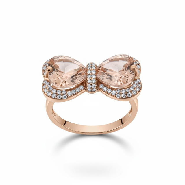 14 K Rose Gold Plated Bow Heart-Shape Citrine Ring