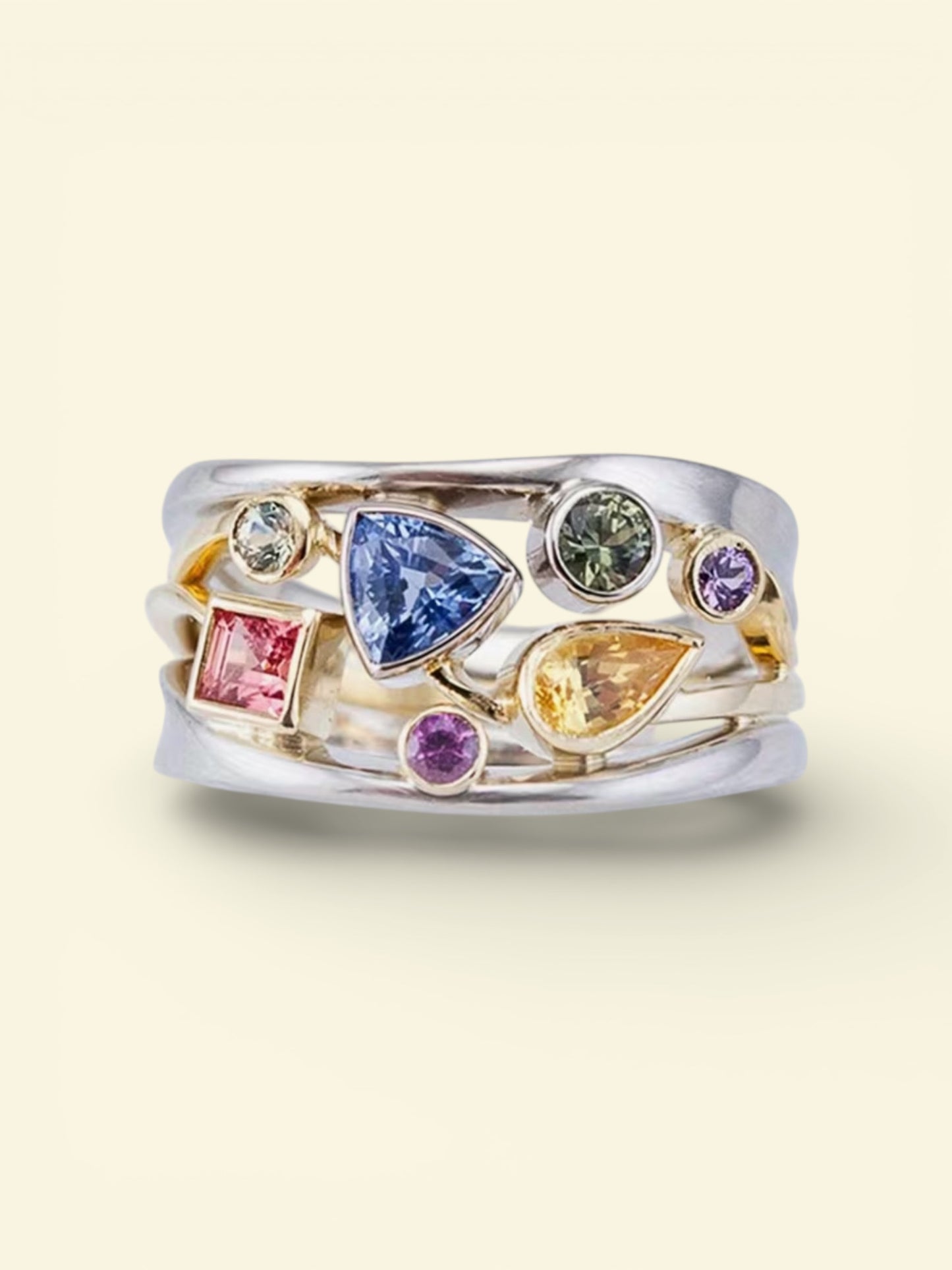 925 SS Multi Stones with 14 K Gold Plated Accent Ring