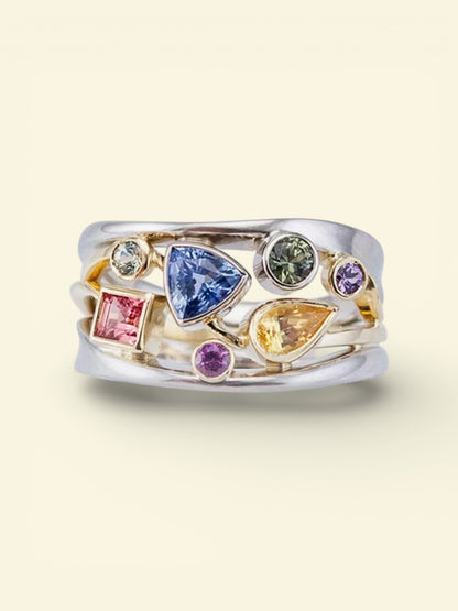 925 SS Multi Stones with 14 K Gold Plated Accent Ring