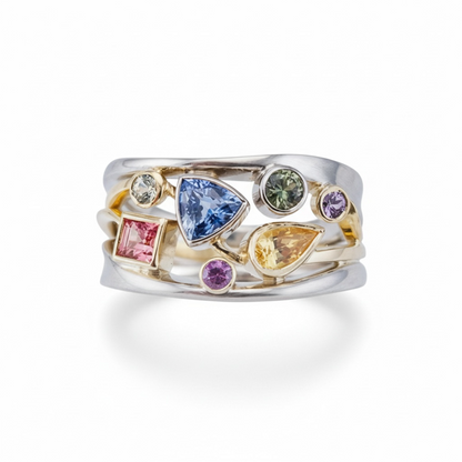 925 SS Multi Stones with 14 K Gold Plated Accent Ring