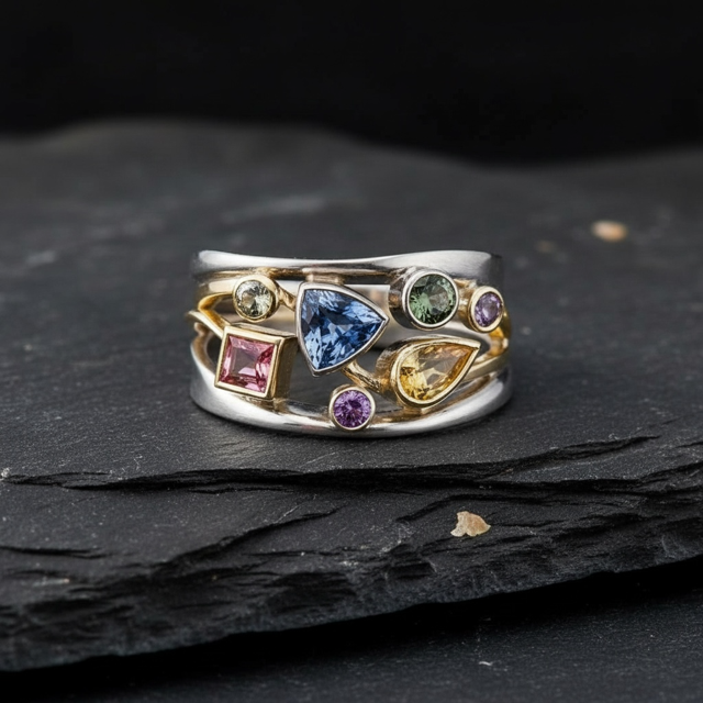 925 SS Multi Stones with 14 K Gold Plated Accent Ring