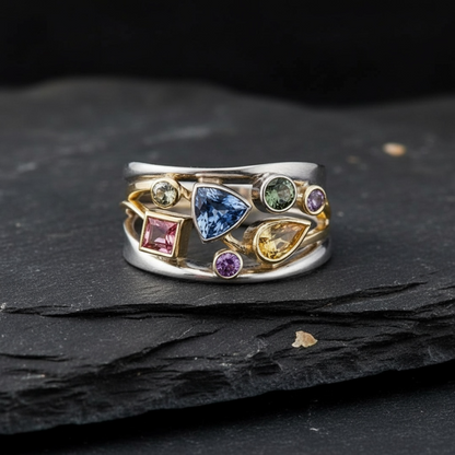 925 SS Multi Stones with 14 K Gold Plated Accent Ring