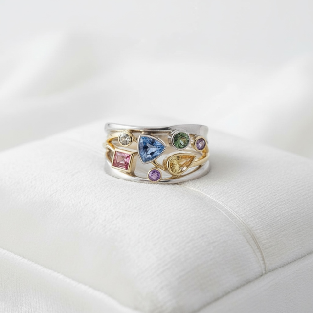 925 SS Multi Stones with 14 K Gold Plated Accent Ring