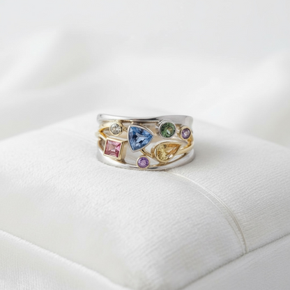 925 SS Multi Stones with 14 K Gold Plated Accent Ring