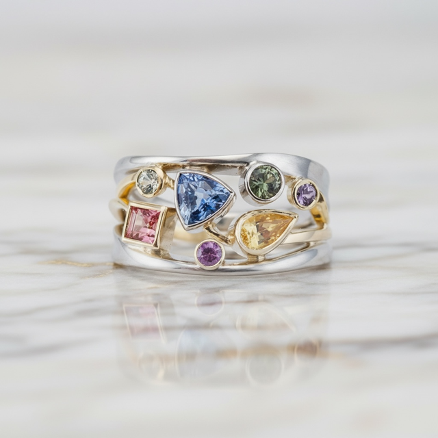 925 SS Multi Stones with 14 K Gold Plated Accent Ring