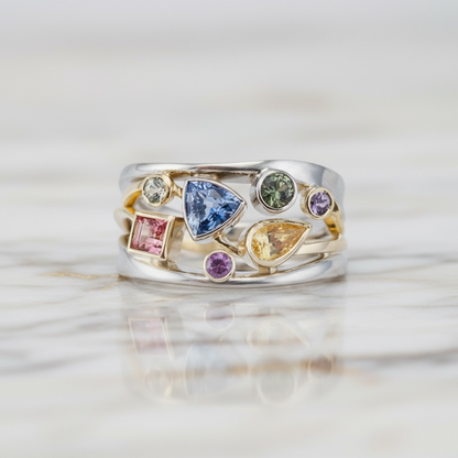 925 SS Multi Stones with 14 K Gold Plated Accent Ring