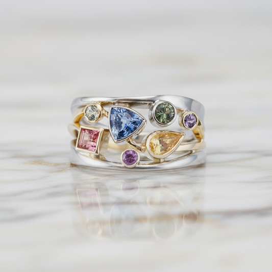 925 SS Multi Stones with 14 K Gold Plated Accent Ring