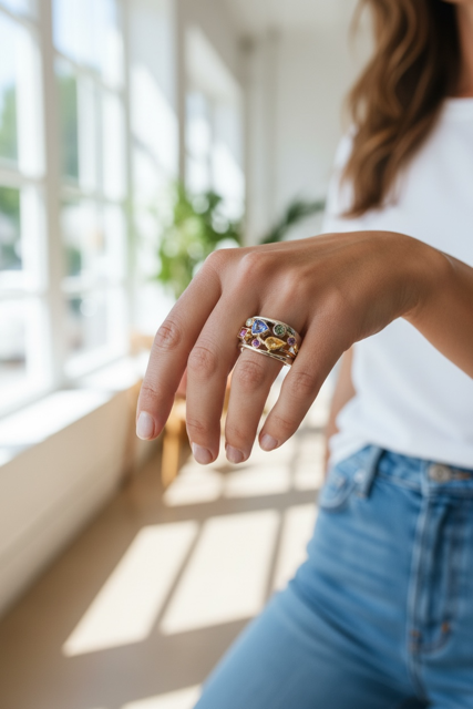 925 SS Multi Stones with 14 K Gold Plated Accent Ring