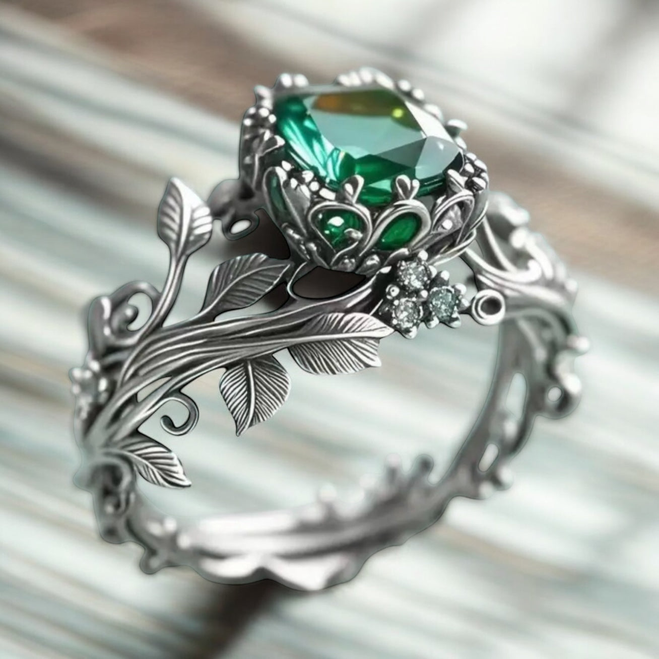 925 SS Emerald Leaf Motif Ring