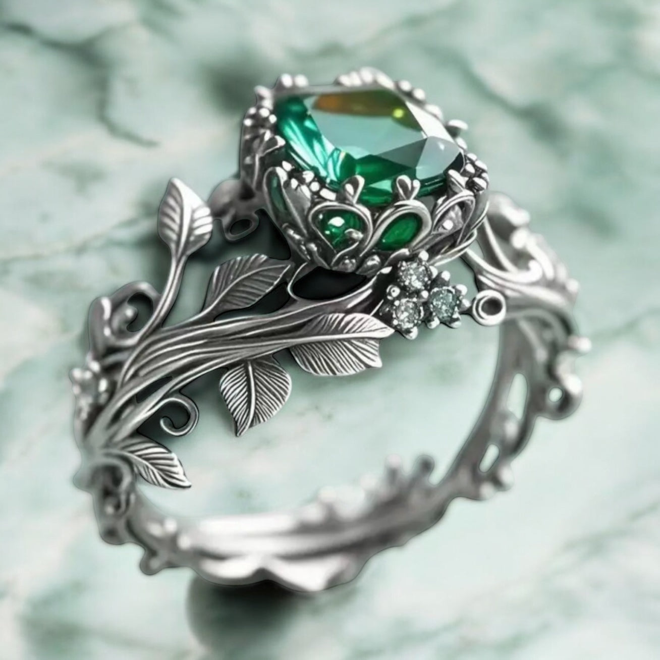 925 SS Emerald Leaf Motif Ring