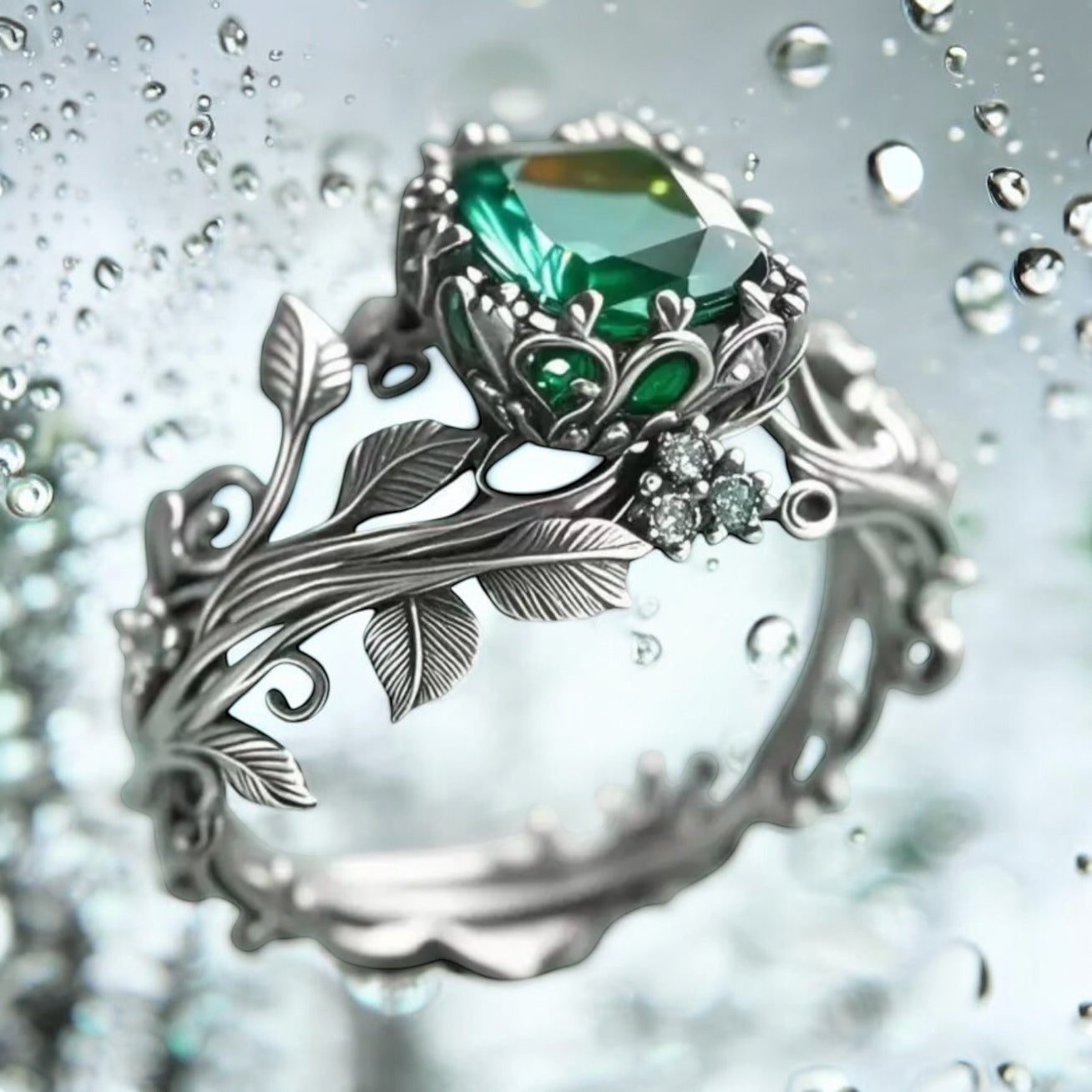 925 SS Emerald Leaf Motif Ring
