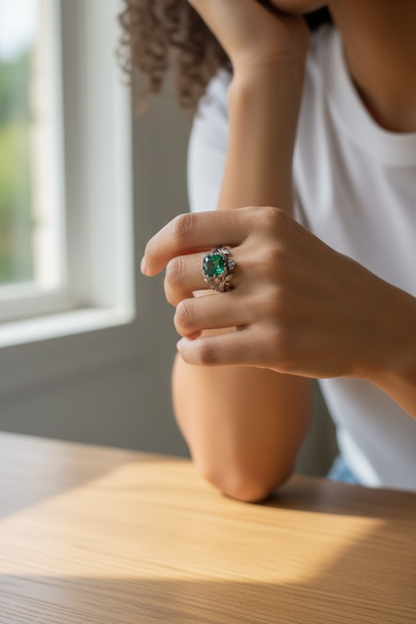925 SS Emerald Leaf Motif Ring