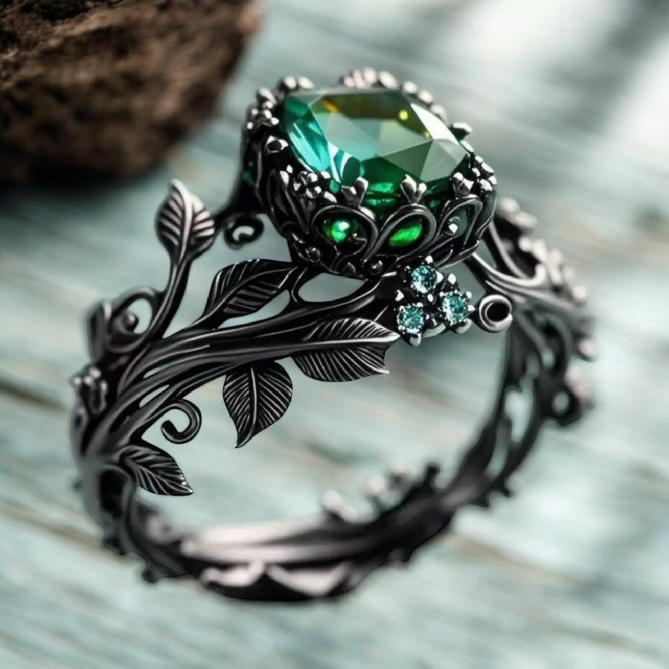 925 SS Black Rhodium Emerald Leaf Motif Ring