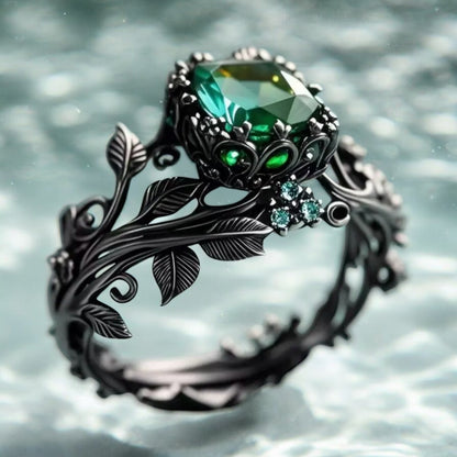 925 SS Black Rhodium Emerald Leaf Motif Ring