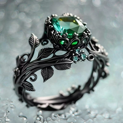 925 SS Black Rhodium Emerald Leaf Motif Ring