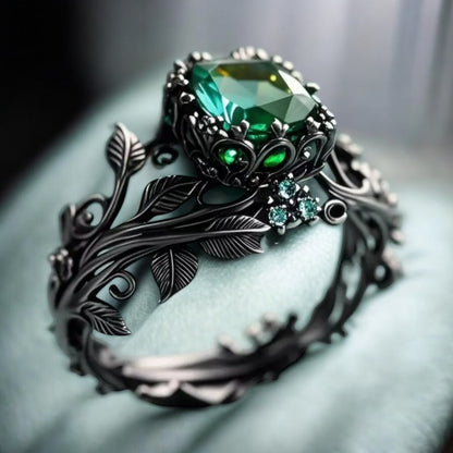 925 SS Black Rhodium Emerald Leaf Motif Ring