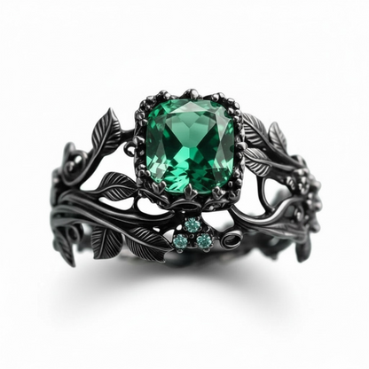 925 SS Black Rhodium Emerald Leaf Motif Ring