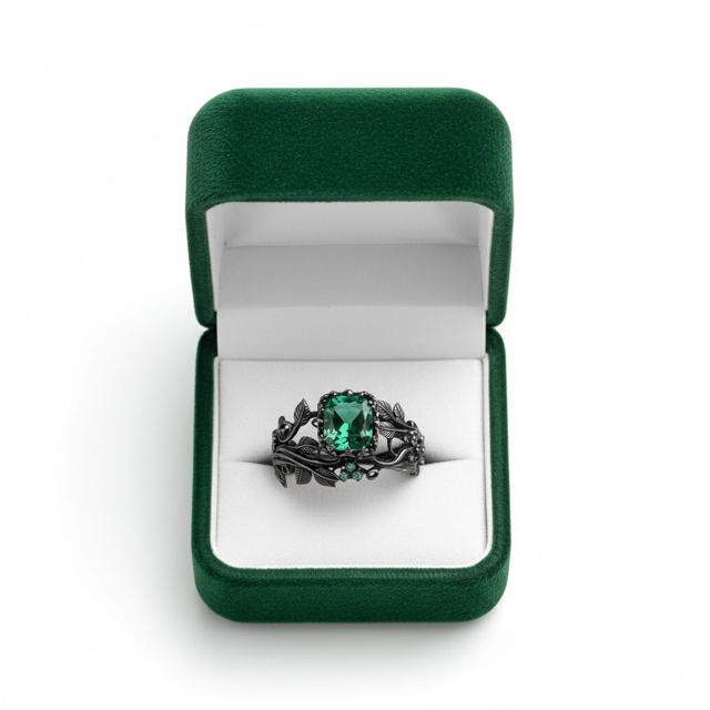 925 SS Black Rhodium Emerald Leaf Motif Ring