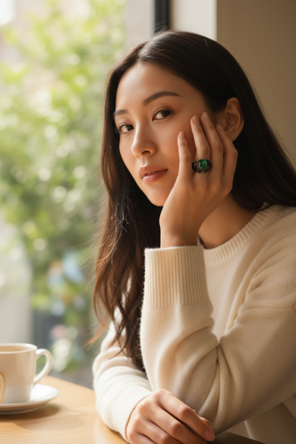 925 SS Black Rhodium Emerald Leaf Motif Ring