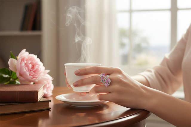 925 SS Pink Saphhire Oval Cut Ring