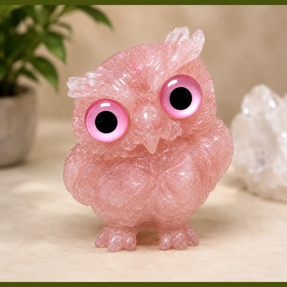 2.5" Natural Rose Quartz Crystal Owl Figurine – Handcrafted Macadam Epoxy