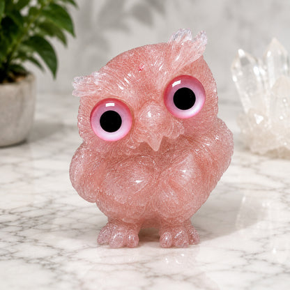 2.5" Natural Rose Quartz Crystal Owl Figurine – Handcrafted Macadam Epoxy