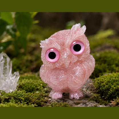 2.5" Natural Rose Quartz Crystal Owl Figurine – Handcrafted Macadam Epoxy