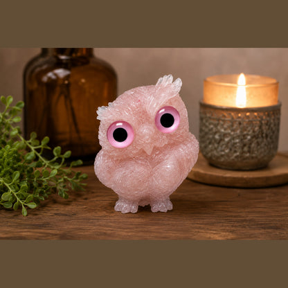 2.5" Natural Rose Quartz Crystal Owl Figurine – Handcrafted Macadam Epoxy