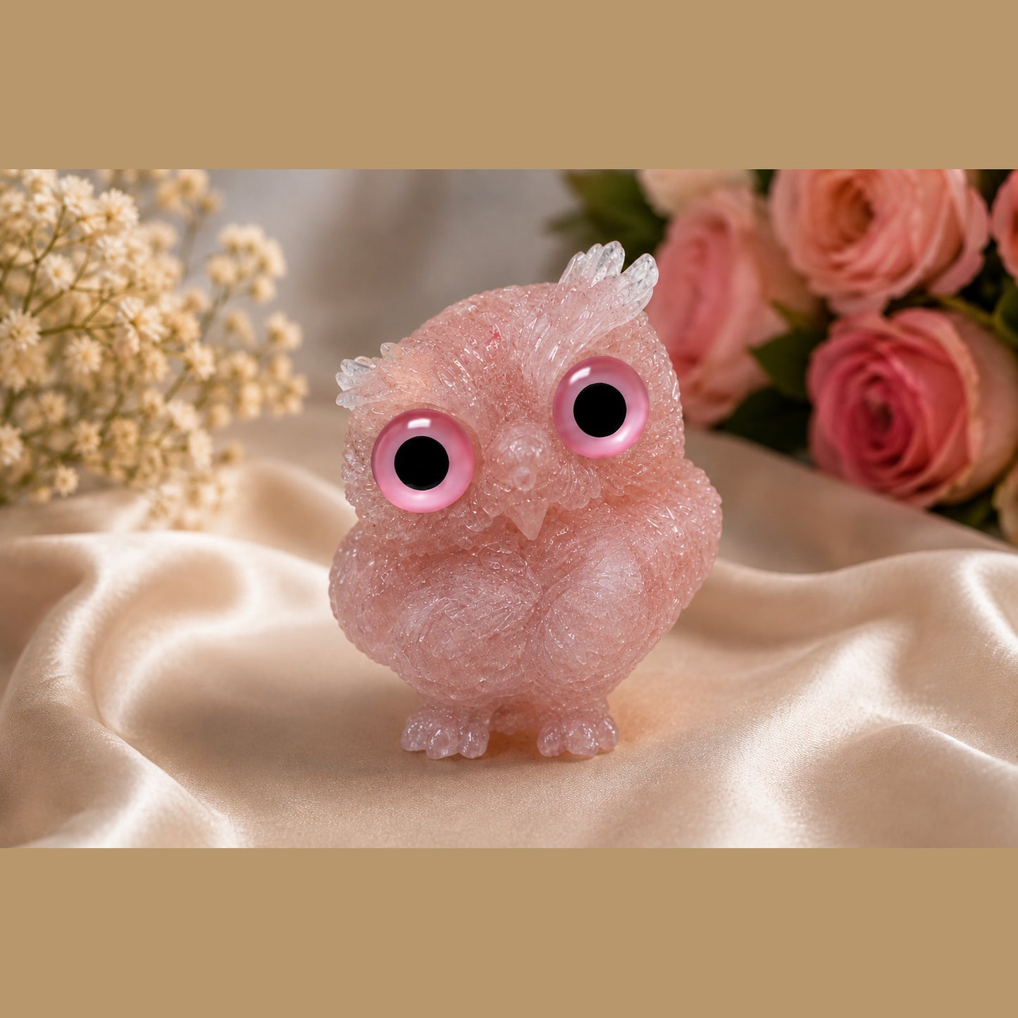 2.5" Natural Rose Quartz Crystal Owl Figurine – Handcrafted Macadam Epoxy