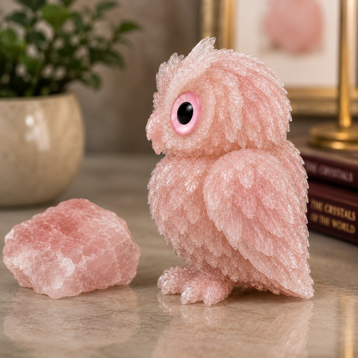2.5" Natural Rose Quartz Crystal Owl Figurine – Handcrafted Macadam Epoxy