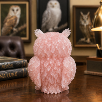 2.5" Natural Rose Quartz Crystal Owl Figurine – Handcrafted Macadam Epoxy