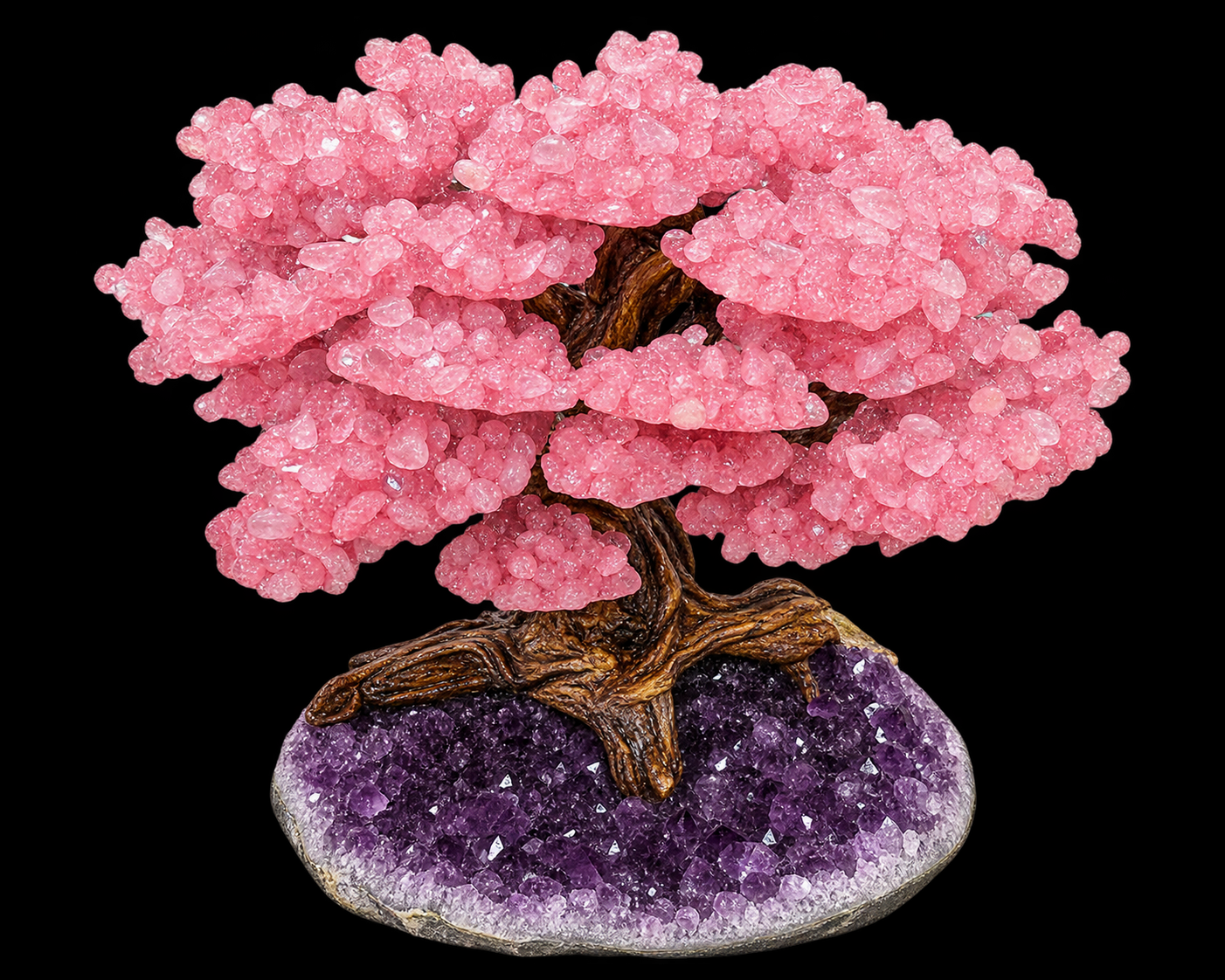 Rose Quartz Gemstone Tree on Natural Amethyst Geode