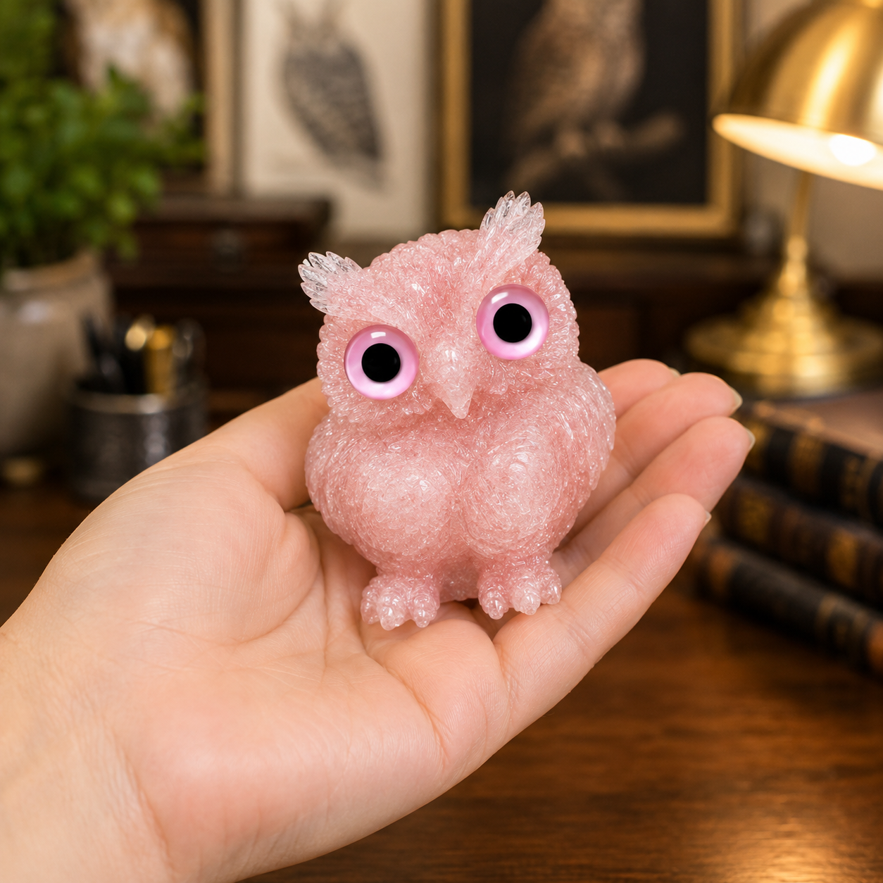 2.5" Natural Rose Quartz Crystal Owl Figurine – Handcrafted Macadam Epoxy