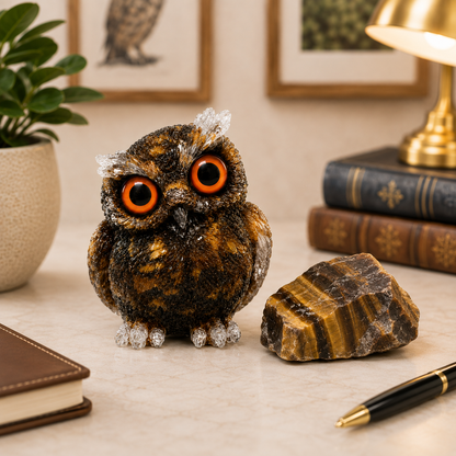 2.5" Natural Tiger’s Eye Crystal Owl Figurine – Handcrafted Macadam Epoxy