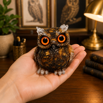 2.5" Natural Tiger’s Eye Crystal Owl Figurine – Handcrafted Macadam Epoxy