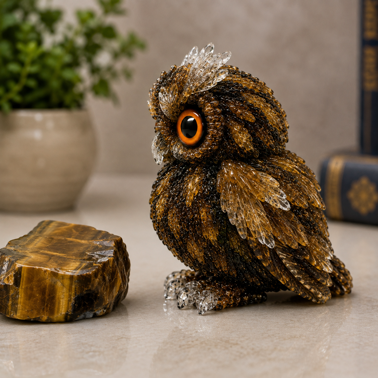 2.5" Natural Tiger’s Eye Crystal Owl Figurine – Handcrafted Macadam Epoxy