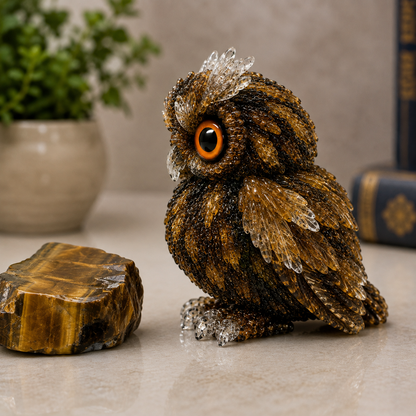 2.5" Natural Tiger’s Eye Crystal Owl Figurine – Handcrafted Macadam Epoxy