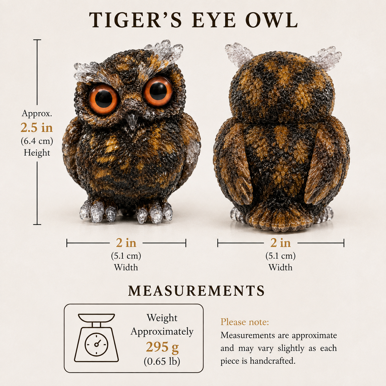 2.5" Natural Tiger’s Eye Crystal Owl Figurine – Handcrafted Macadam Epoxy