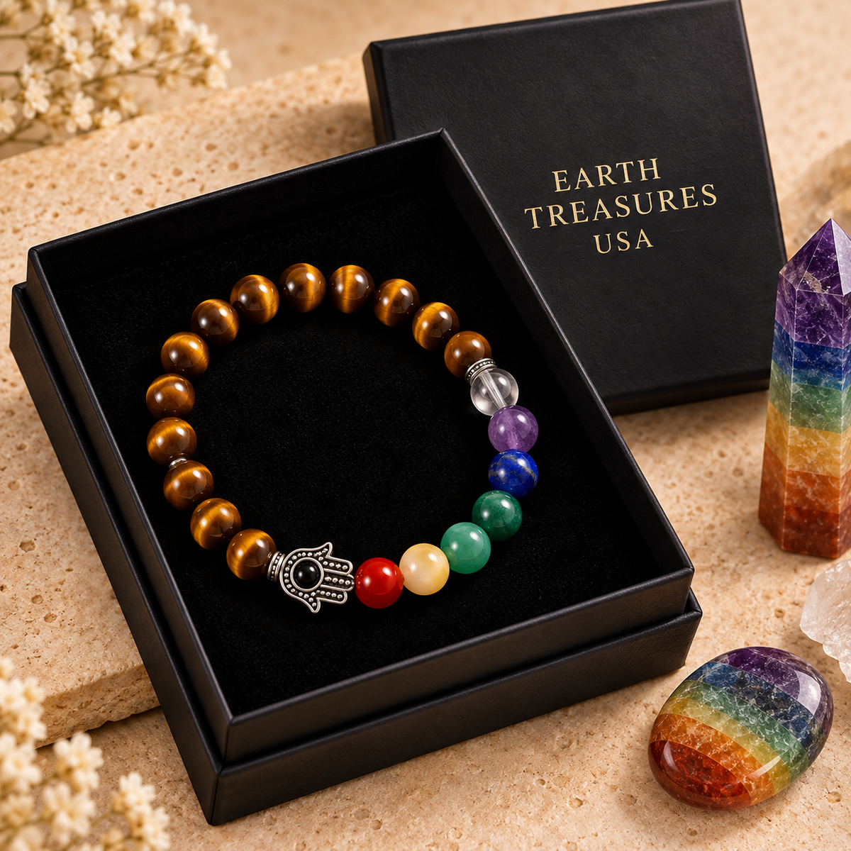 Tiger’s Eye Chakra bracelet presented in an Earth Treasures USA gift box